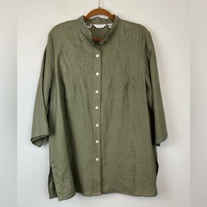 Richard Malcolm 100% Irish Linen Embroidered Olive Green Top Shirt Tunic 1X
